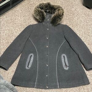 Feizi wool cashmere leather Gray fox Fur-Trimmed hooded Women's Coat